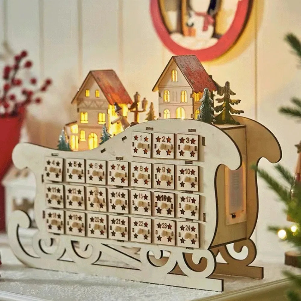Wooden advent calendar 2025 β glowing Christmas village