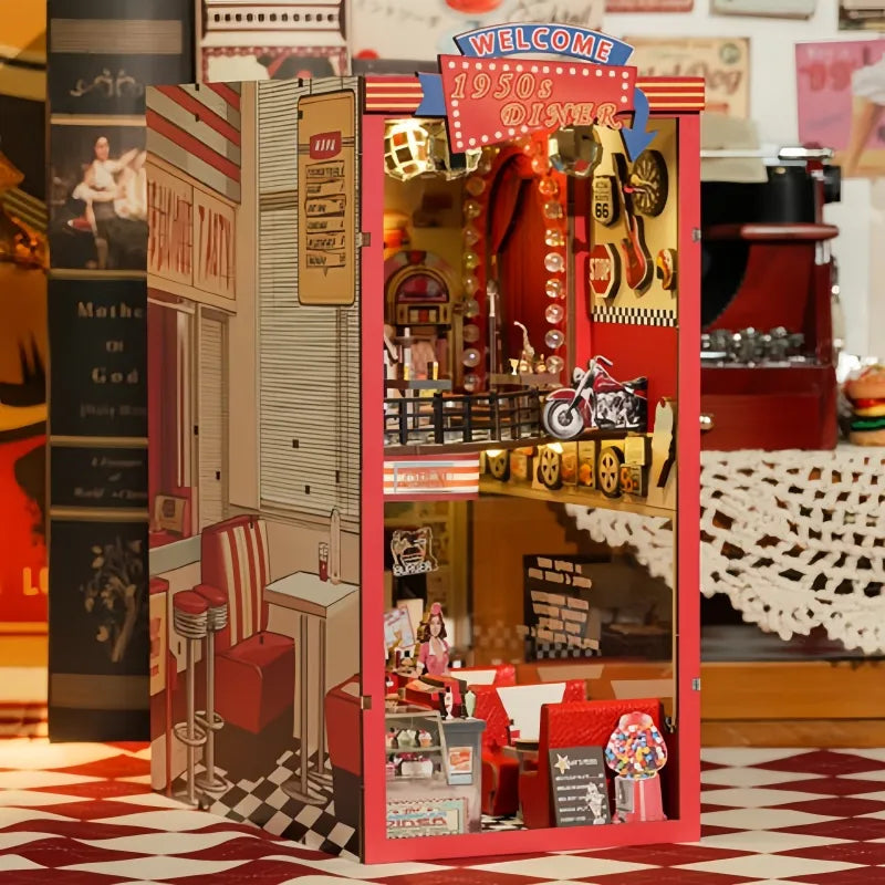 1950s Diner book nook kit – DIY miniature retro American diner with warm red lighting