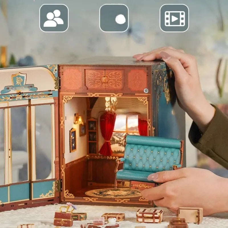 European Travels Book Nook Kit – DIY Vintage Train Cabin with Moving Scenery